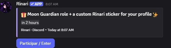 A giveaway: Moon Guardian role and a custom Rinari sticker, with an Enter button