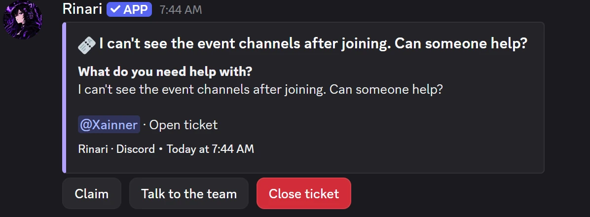 A private ticket channel with Claim, Talk to the team and Close ticket buttons