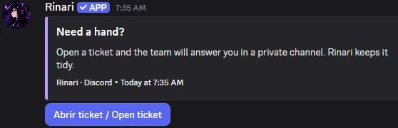 Rinari’s ticket panel in #support with an Open ticket button