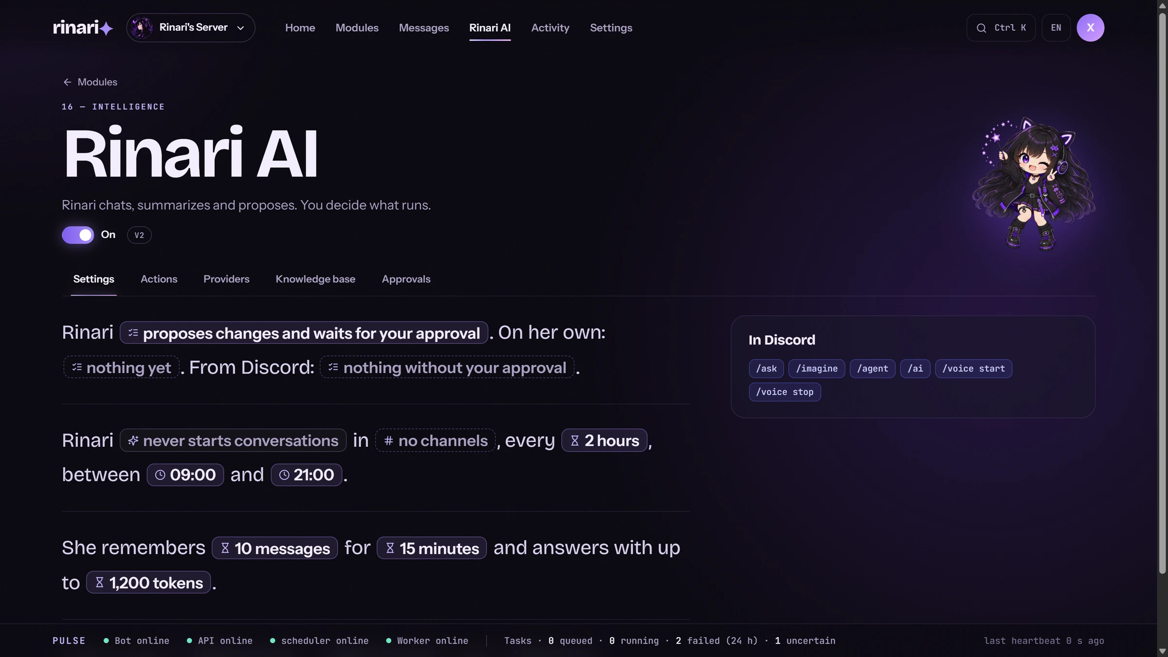 Rinari AI proposes changes and waits for your approval. On her own: nothing yet.