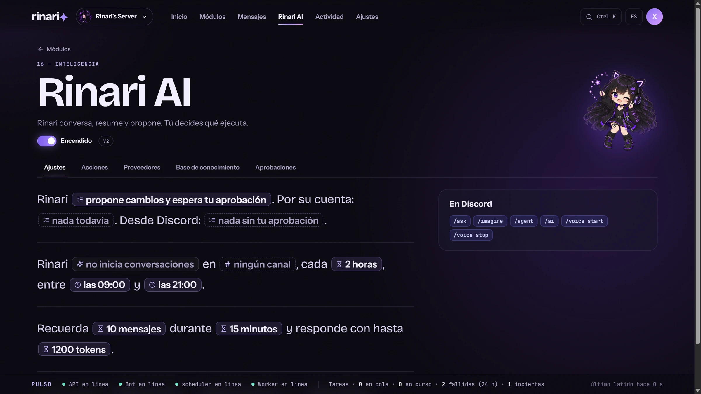 Rinari AI propone cambios y espera tu aprobación. Por su cuenta: nada todavía.