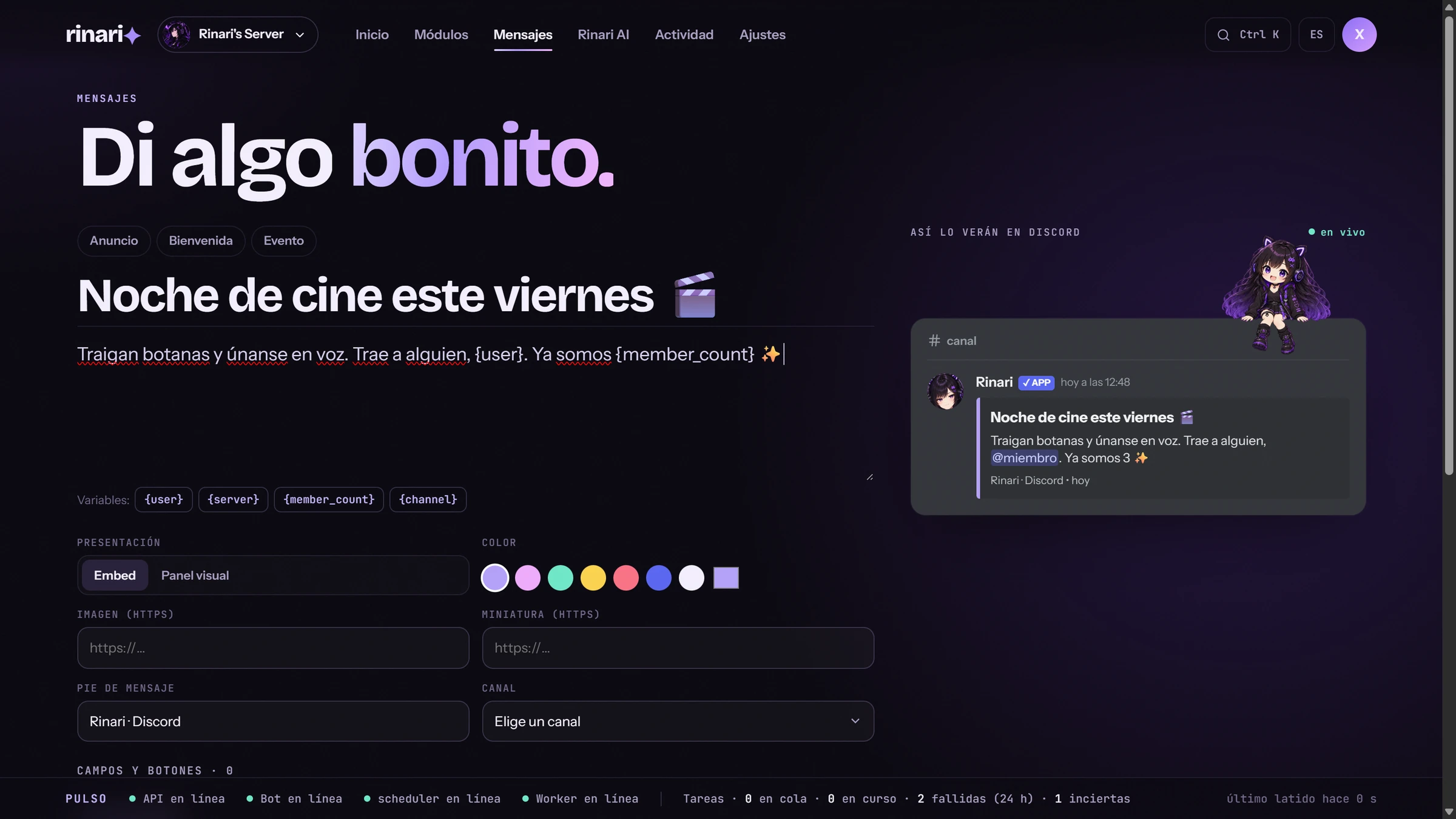 Escribe un embed o un panel con variables y mira la vista previa cambiar mientras escribes.