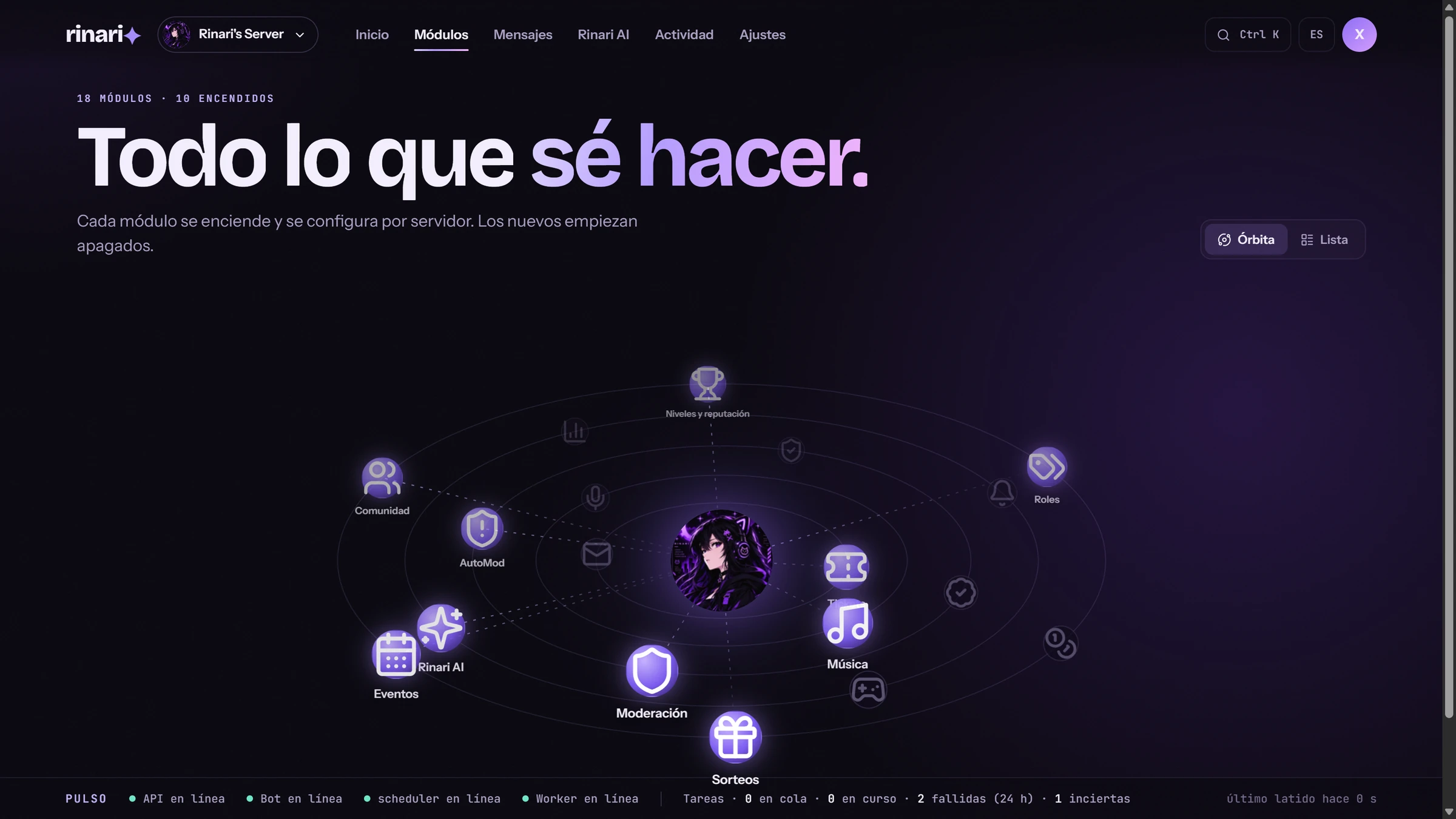 Dieciocho módulos, cada uno se enciende y se configura por servidor. Los nuevos empiezan apagados.